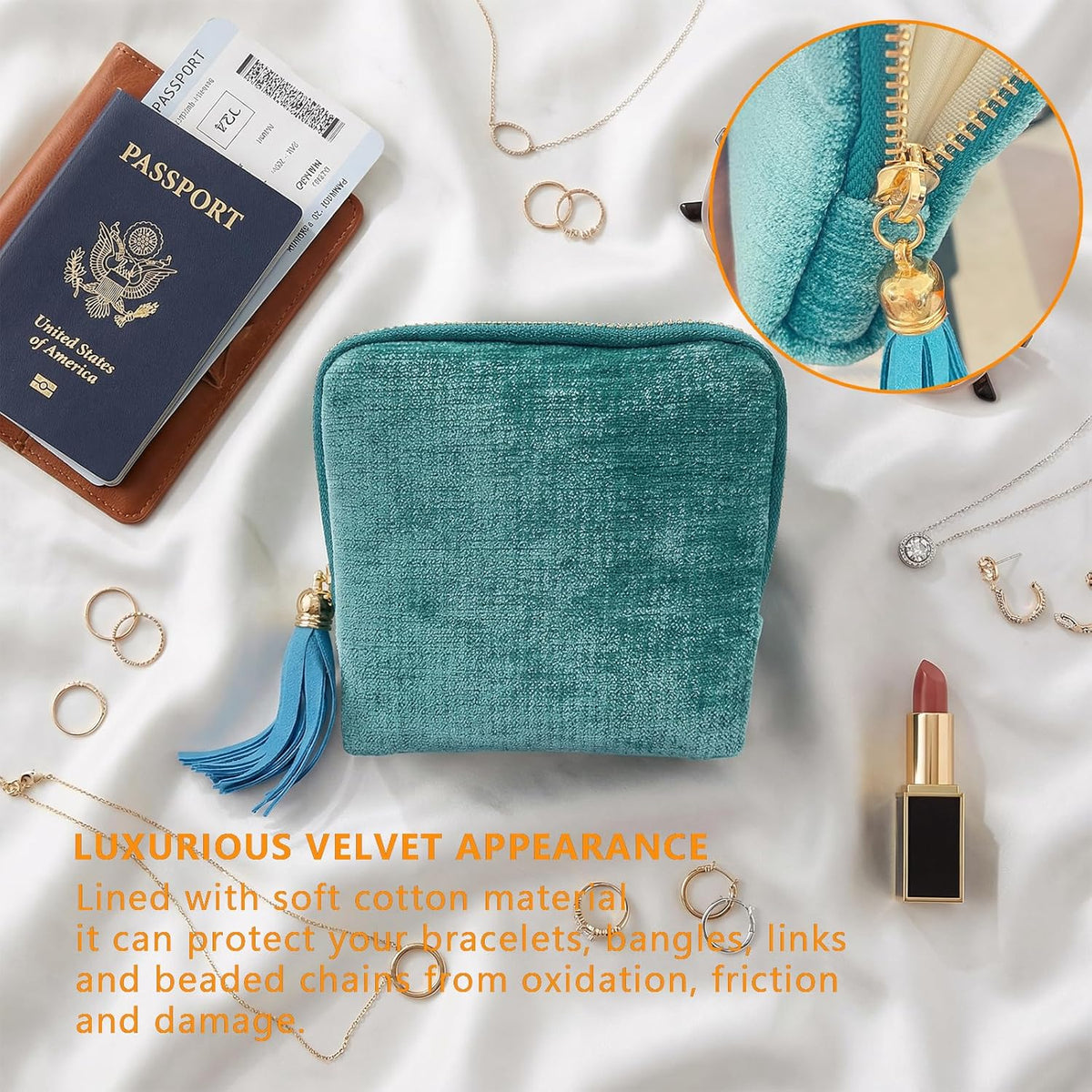 Travel Jewelry Case Organizer, 6-Layer Soft Pouch for Women | Scratch-protection velvet, purse-friendly. Stores bracelets, necklaces, rings & earrings. Peacock blue. Great travel gift.