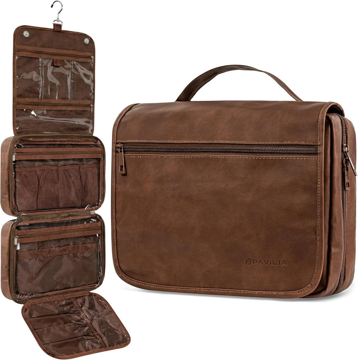 Hanging Toiletry Bag for Men, Large Travel Organizer with 5 Compartments & Swivel Hook, PU Leather Dopp Kit, Foldable Water-Resistant Makeup Cosmetic Bag for Full Size Bottles (Dark Brown)