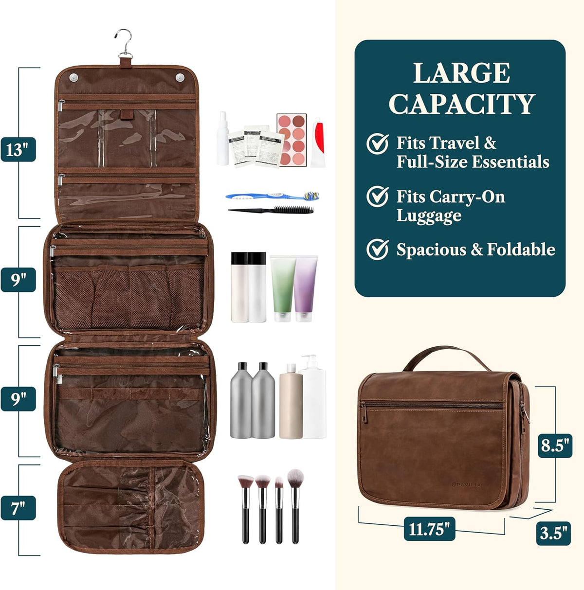 Hanging Toiletry Bag for Men, Large Travel Organizer with 5 Compartments & Swivel Hook, PU Leather Dopp Kit, Foldable Water-Resistant Makeup Cosmetic Bag for Full Size Bottles (Dark Brown)