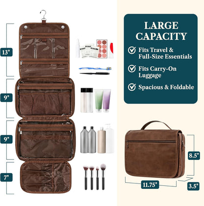 Hanging Toiletry Bag for Men, Large Travel Organizer with 5 Compartments & Swivel Hook, PU Leather Dopp Kit, Foldable Water-Resistant Makeup Cosmetic Bag for Full Size Bottles (Dark Brown)