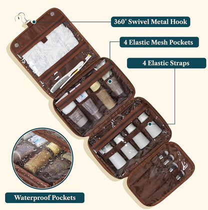 Hanging Toiletry Bag for Men, Large Travel Organizer with 5 Compartments & Swivel Hook, PU Leather Dopp Kit, Foldable Water-Resistant Makeup Cosmetic Bag for Full Size Bottles (Dark Brown)