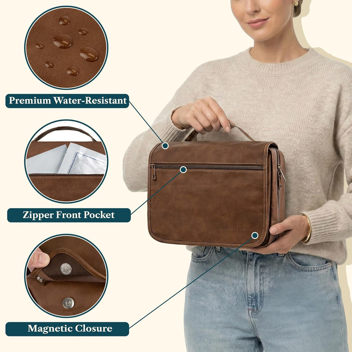 Hanging Toiletry Bag for Men, Large Travel Organizer with 5 Compartments & Swivel Hook, PU Leather Dopp Kit, Foldable Water-Resistant Makeup Cosmetic Bag for Full Size Bottles (Dark Brown)