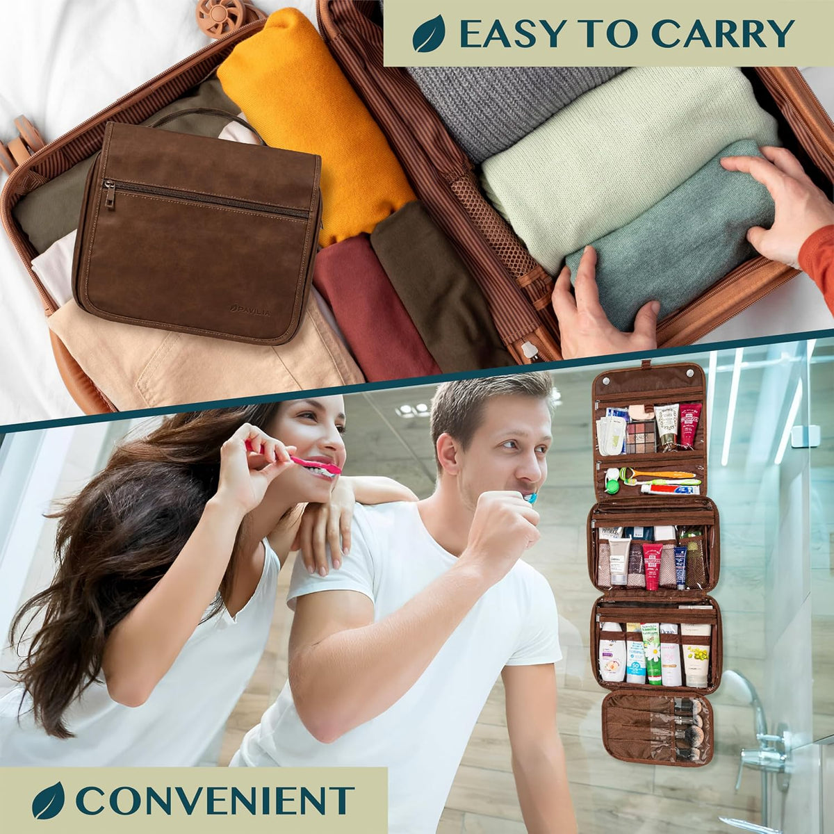 Hanging Toiletry Bag for Men, Large Travel Organizer with 5 Compartments & Swivel Hook, PU Leather Dopp Kit, Foldable Water-Resistant Makeup Cosmetic Bag for Full Size Bottles (Dark Brown)