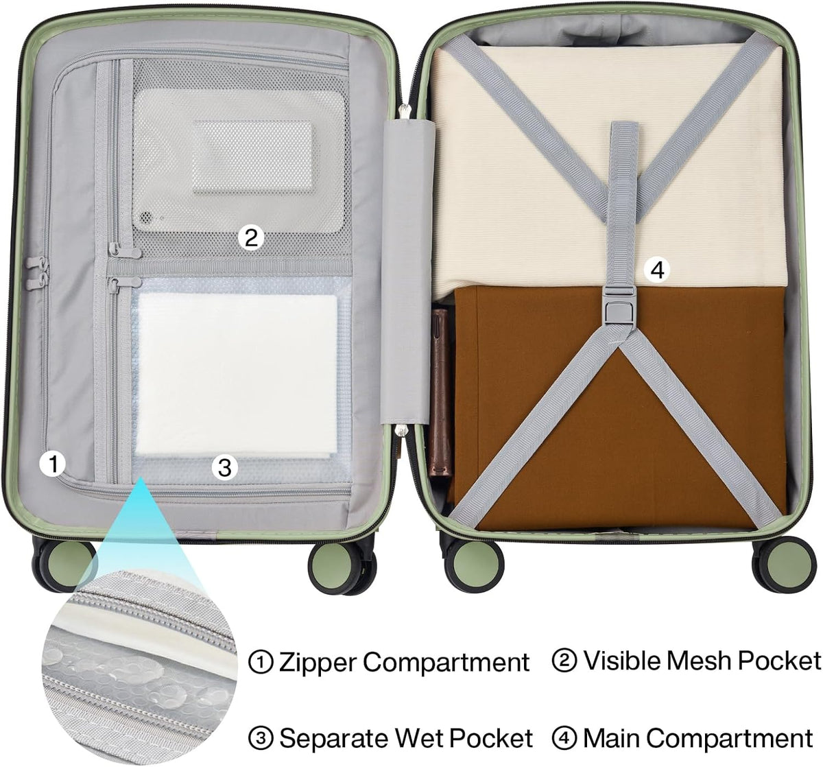 16 Inch Underseat Carry On Luggage, Airline-Approved Hard Shell Small Suitcase with Spinner Wheels, Lightweight Tsa Lock Travel Luggage for Short Trips(Bamboo Green)