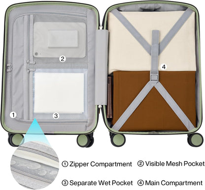16 Inch Underseat Carry On Luggage, Airline-Approved Hard Shell Small Suitcase with Spinner Wheels, Lightweight Tsa Lock Travel Luggage for Short Trips(Bamboo Green)
