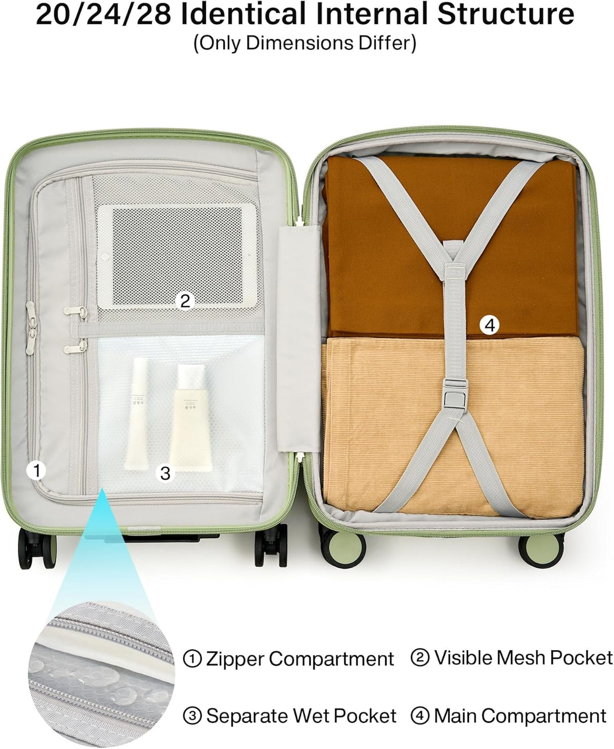 16 Inch Underseat Carry On Luggage, Airline-Approved Hard Shell Small Suitcase with Spinner Wheels, Lightweight Tsa Lock Travel Luggage for Short Trips(Bamboo Green)