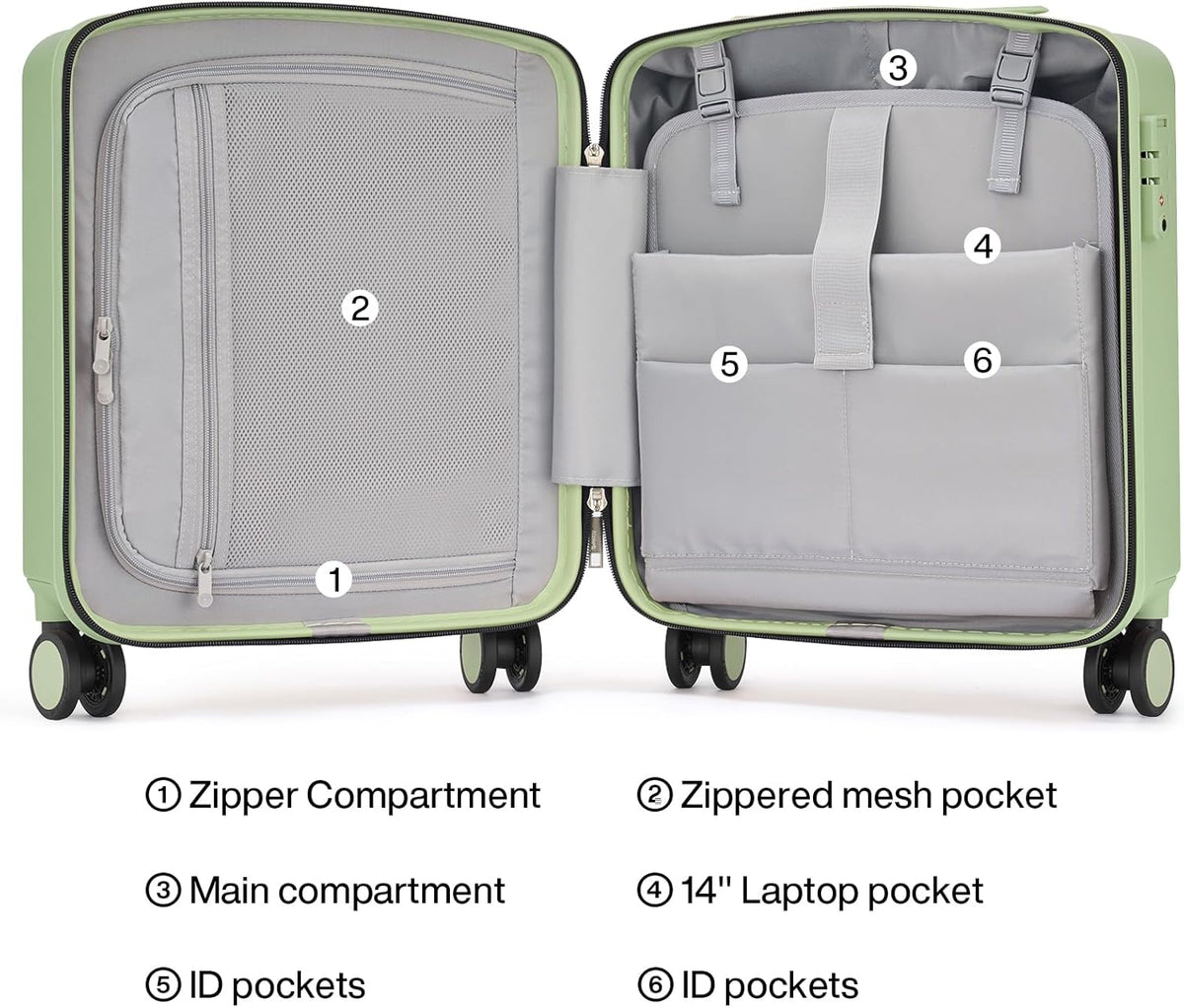 16 Inch Underseat Carry On Luggage, Airline-Approved Hard Shell Small Suitcase with Spinner Wheels, Lightweight Tsa Lock Travel Luggage for Short Trips(Bamboo Green)