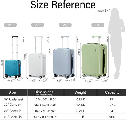 16 Inch Underseat Carry On Luggage, Airline-Approved Hard Shell Small Suitcase with Spinner Wheels, Lightweight Tsa Lock Travel Luggage for Short Trips(Bamboo Green)