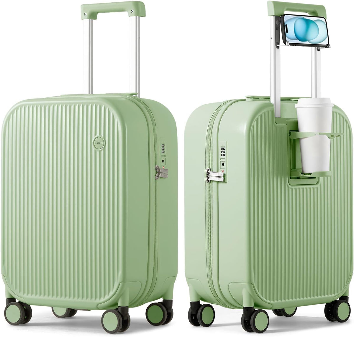 Carry On Luggage with Cup Phone Holder Hard Shell Rolling Travel Suitcase with Spinner Wheels,20 Inch Smoke White