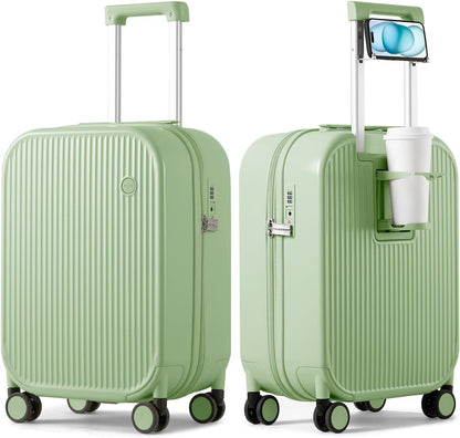 Carry On Luggage with Cup Phone Holder Hard Shell Rolling Travel Suitcase with Spinner Wheels,20 Inch Smoke White