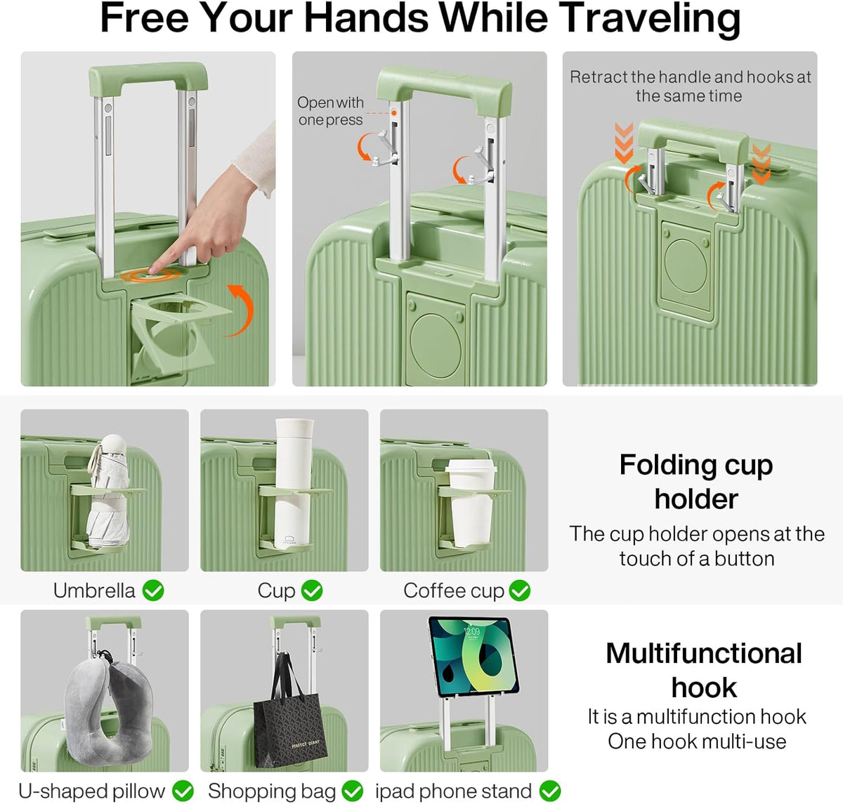 Carry On Luggage with Cup Phone Holder Hard Shell Rolling Travel Suitcase with Spinner Wheels,20 Inch Smoke White