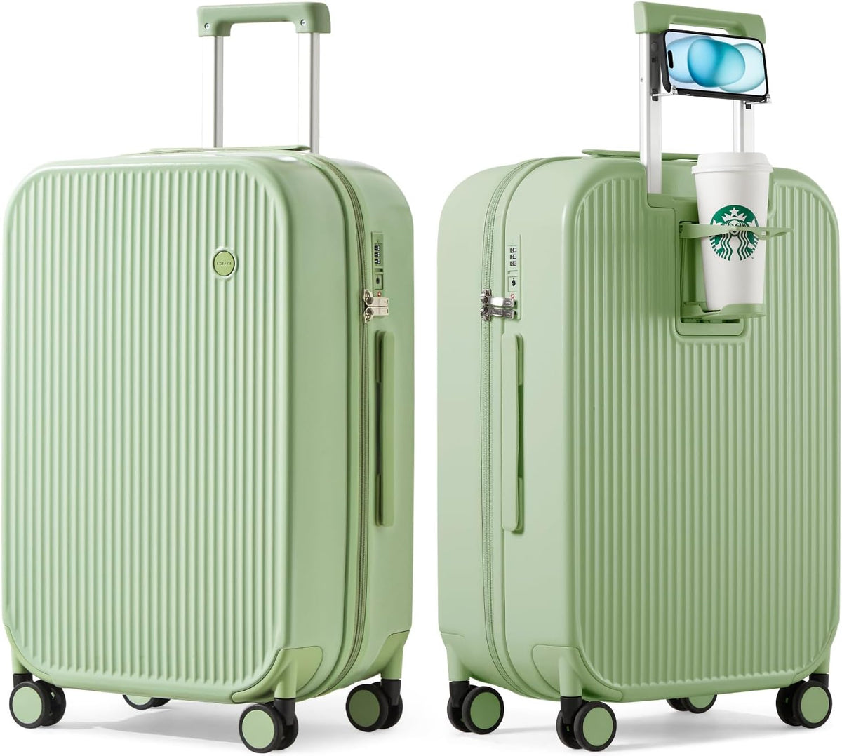 Carry On Luggage with Cup Phone Holder Hard Shell Rolling Travel Suitcase with Spinner Wheels,20 Inch Smoke White