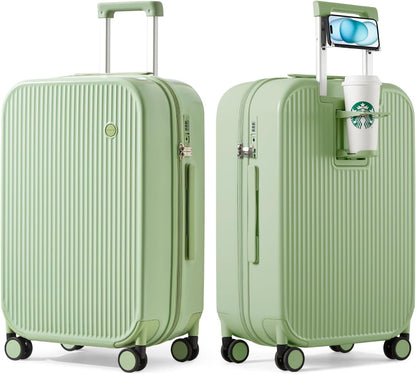 Carry On Luggage with Cup Phone Holder Hard Shell Rolling Travel Suitcase with Spinner Wheels,20 Inch Smoke White