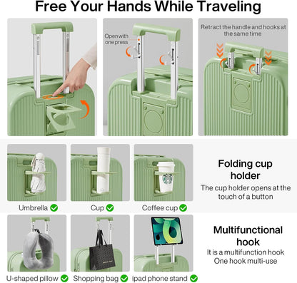 Carry On Luggage with Cup Phone Holder Hard Shell Rolling Travel Suitcase with Spinner Wheels,20 Inch Smoke White