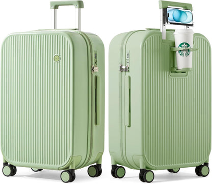 Carry On Luggage with Cup Phone Holder Hard Shell Rolling Travel Suitcase with Spinner Wheels,20 Inch Smoke White