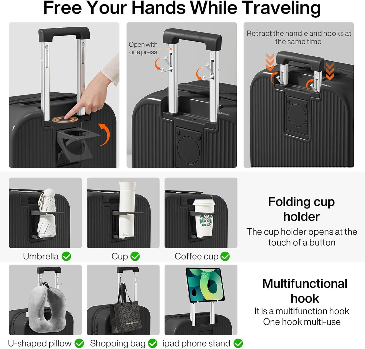 Carry On Luggage with Cup Phone Holder Hard Shell Rolling Travel Suitcase with Spinner Wheels,20 Inch Smoke White