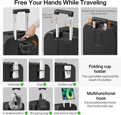 Carry On Luggage with Cup Phone Holder Hard Shell Rolling Travel Suitcase with Spinner Wheels,20 Inch Smoke White