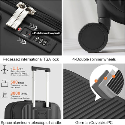 Carry On Luggage with Cup Phone Holder Hard Shell Rolling Travel Suitcase with Spinner Wheels,20 Inch Smoke White