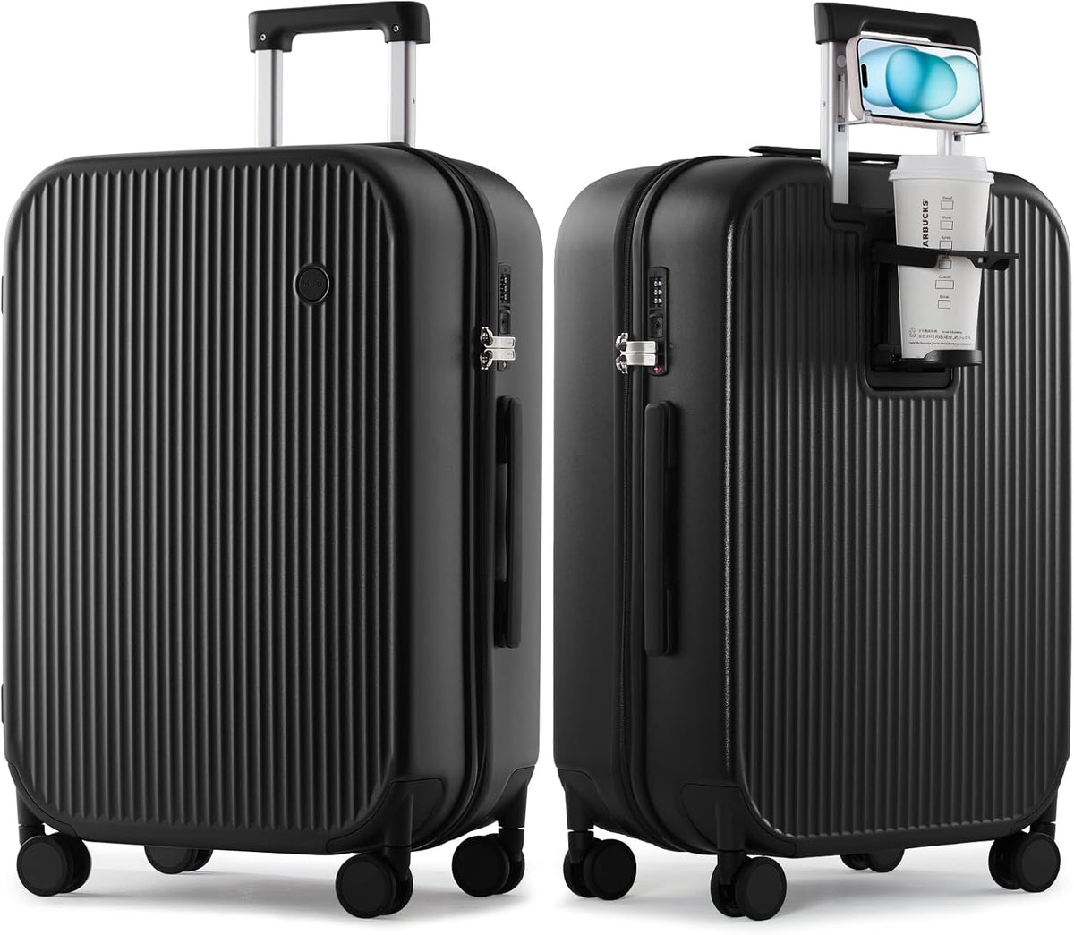 Carry On Luggage with Cup Phone Holder Hard Shell Rolling Travel Suitcase with Spinner Wheels,20 Inch Smoke White