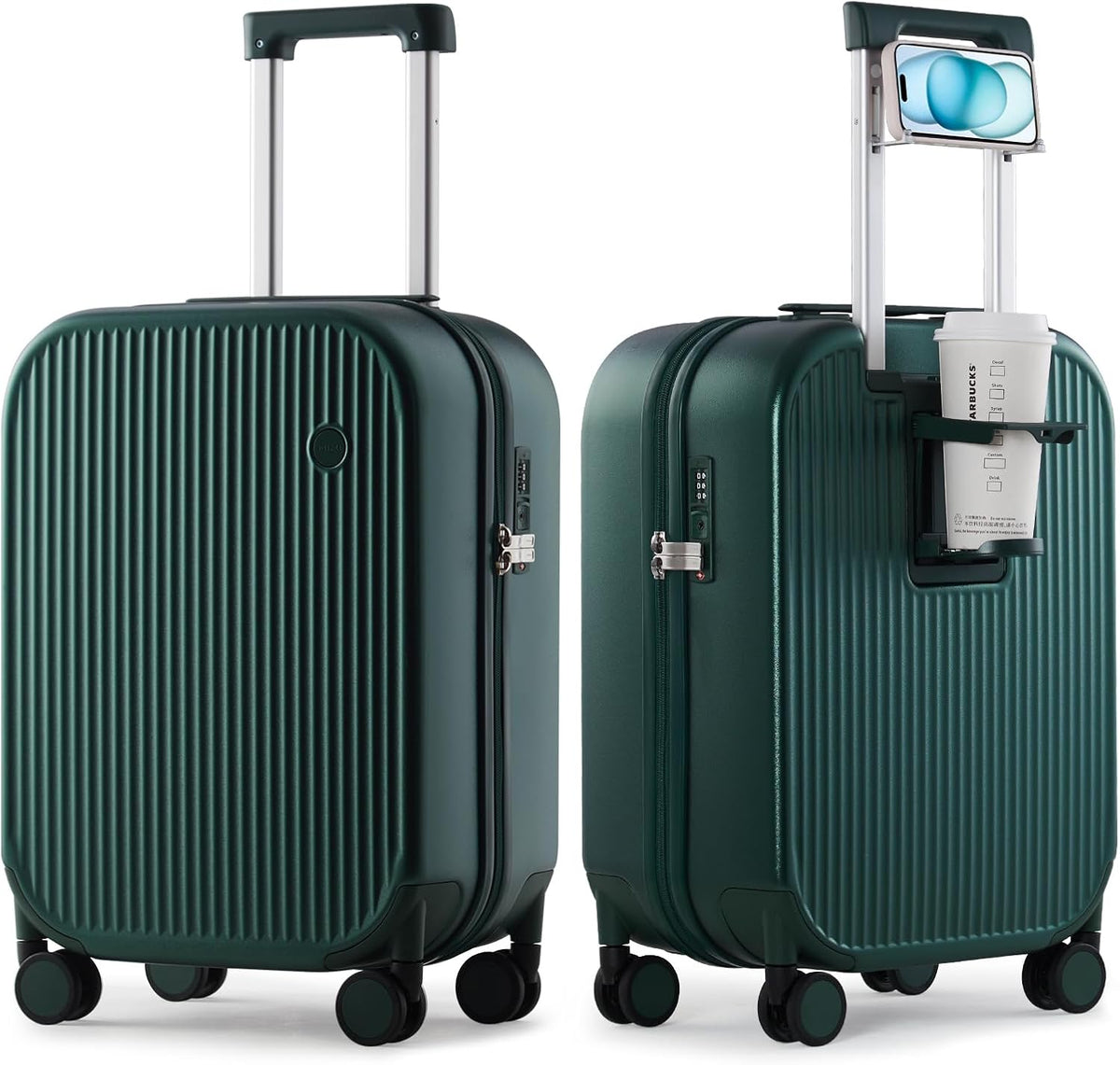 Carry On Luggage with Cup Phone Holder Hard Shell Rolling Travel Suitcase with Spinner Wheels,20 Inch Smoke White