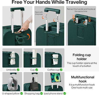 Carry On Luggage with Cup Phone Holder Hard Shell Rolling Travel Suitcase with Spinner Wheels,20 Inch Smoke White
