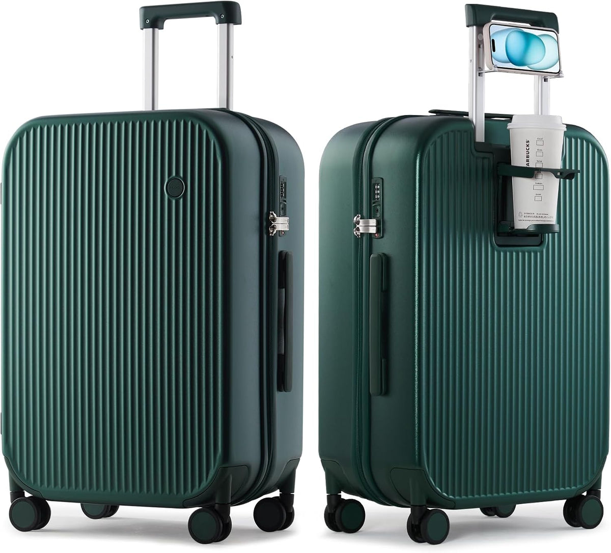 Carry On Luggage with Cup Phone Holder Hard Shell Rolling Travel Suitcase with Spinner Wheels,20 Inch Smoke White
