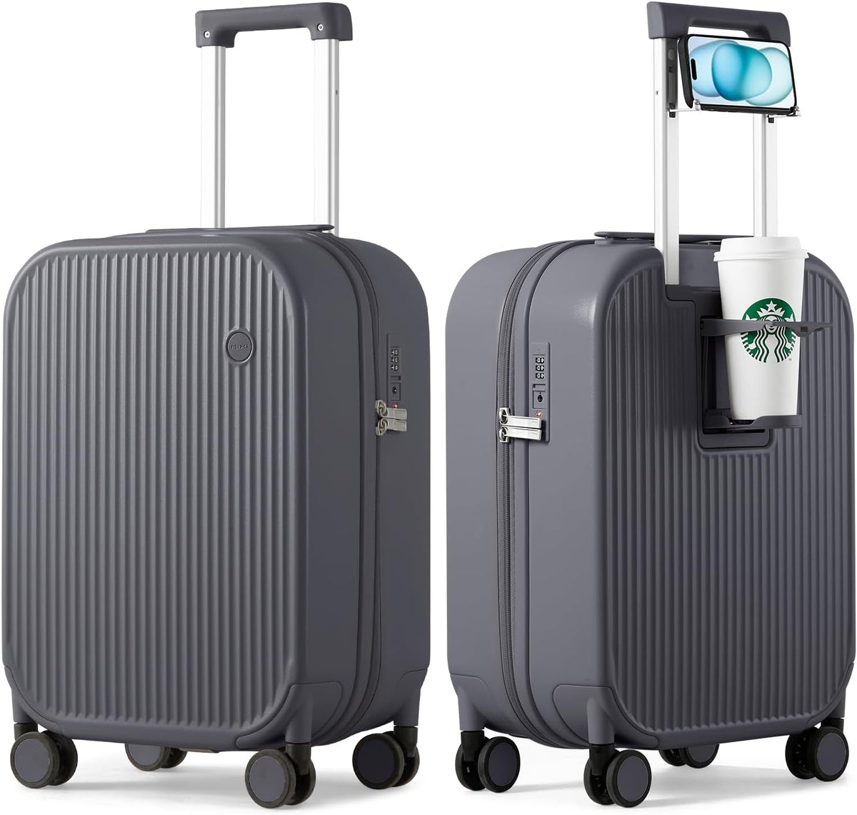 Carry On Luggage with Cup Phone Holder Hard Shell Rolling Travel Suitcase with Spinner Wheels,20 Inch Smoke White