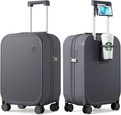 Carry On Luggage with Cup Phone Holder Hard Shell Rolling Travel Suitcase with Spinner Wheels,20 Inch Smoke White