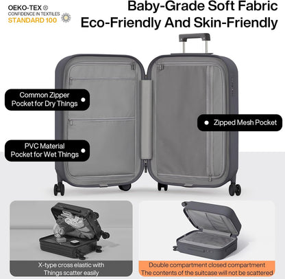 Carry On Luggage with Cup Phone Holder Hard Shell Rolling Travel Suitcase with Spinner Wheels,20 Inch Smoke White