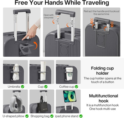 Carry On Luggage with Cup Phone Holder Hard Shell Rolling Travel Suitcase with Spinner Wheels,20 Inch Smoke White