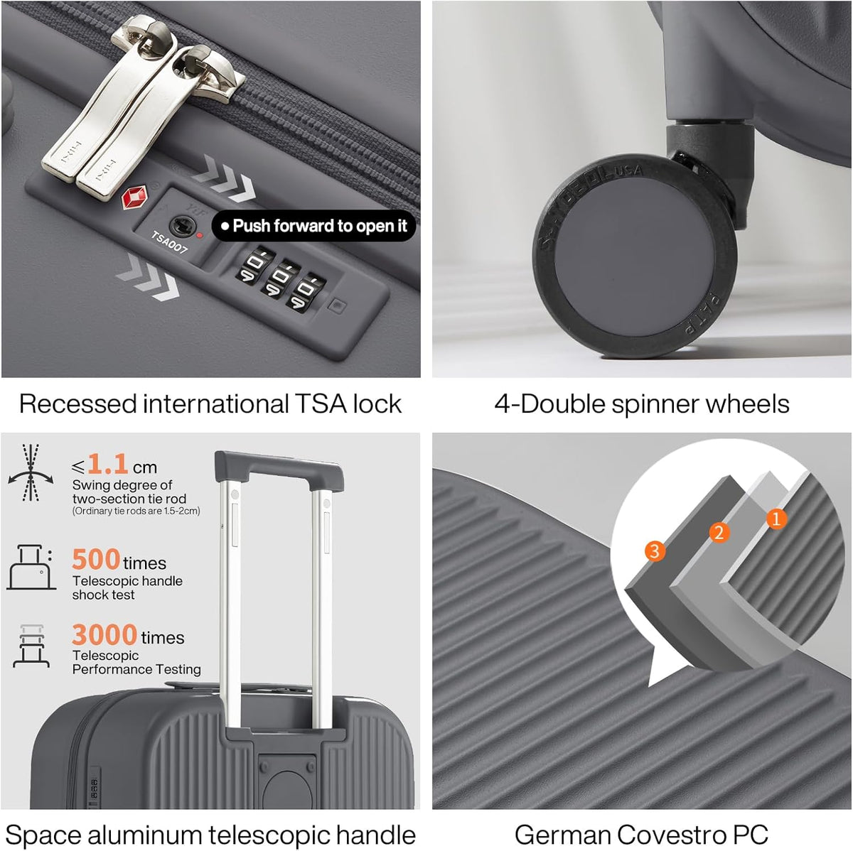 Carry On Luggage with Cup Phone Holder Hard Shell Rolling Travel Suitcase with Spinner Wheels,20 Inch Smoke White