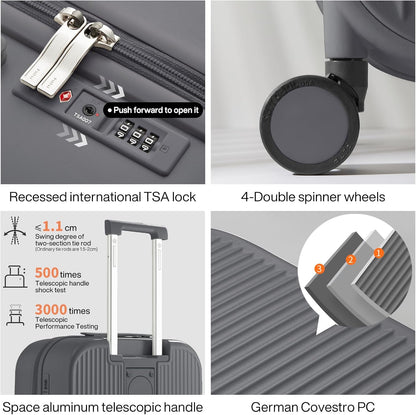 Carry On Luggage with Cup Phone Holder Hard Shell Rolling Travel Suitcase with Spinner Wheels,20 Inch Smoke White