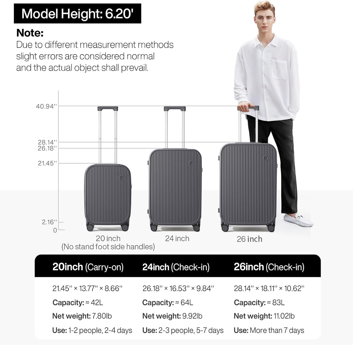 Carry On Luggage with Cup Phone Holder Hard Shell Rolling Travel Suitcase with Spinner Wheels,20 Inch Smoke White