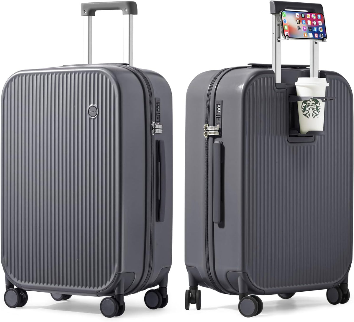 Carry On Luggage with Cup Phone Holder Hard Shell Rolling Travel Suitcase with Spinner Wheels,20 Inch Smoke White