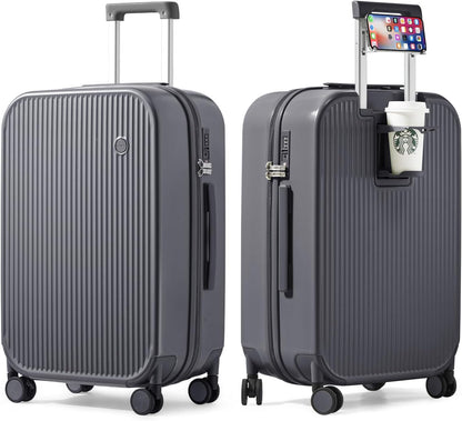 Carry On Luggage with Cup Phone Holder Hard Shell Rolling Travel Suitcase with Spinner Wheels,20 Inch Smoke White