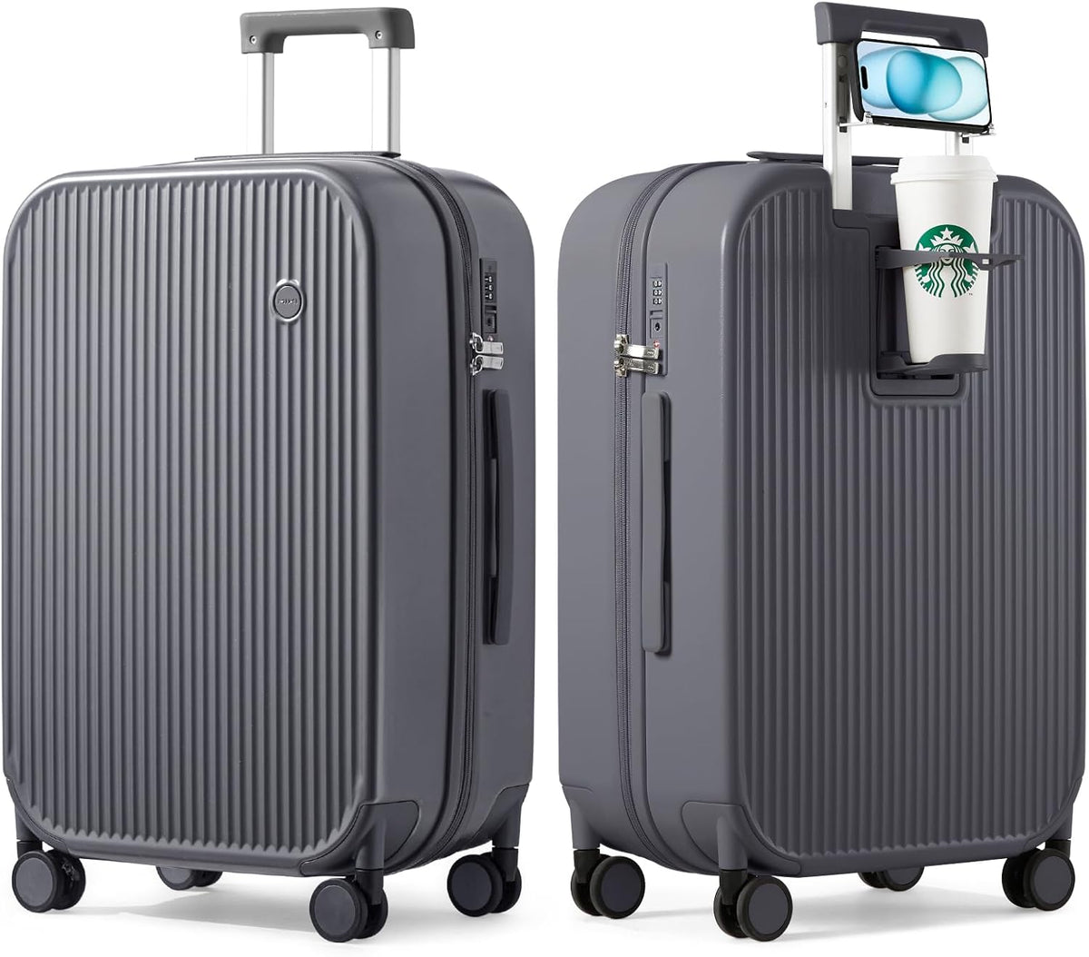 Carry On Luggage with Cup Phone Holder Hard Shell Rolling Travel Suitcase with Spinner Wheels,20 Inch Smoke White