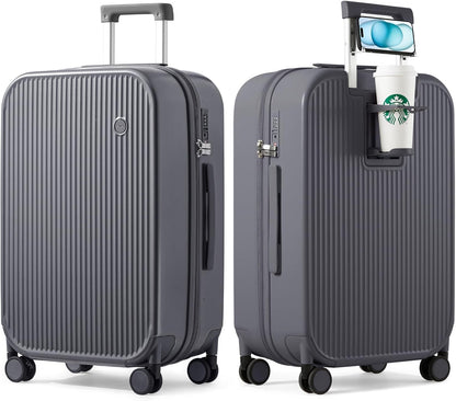Carry On Luggage with Cup Phone Holder Hard Shell Rolling Travel Suitcase with Spinner Wheels,20 Inch Smoke White