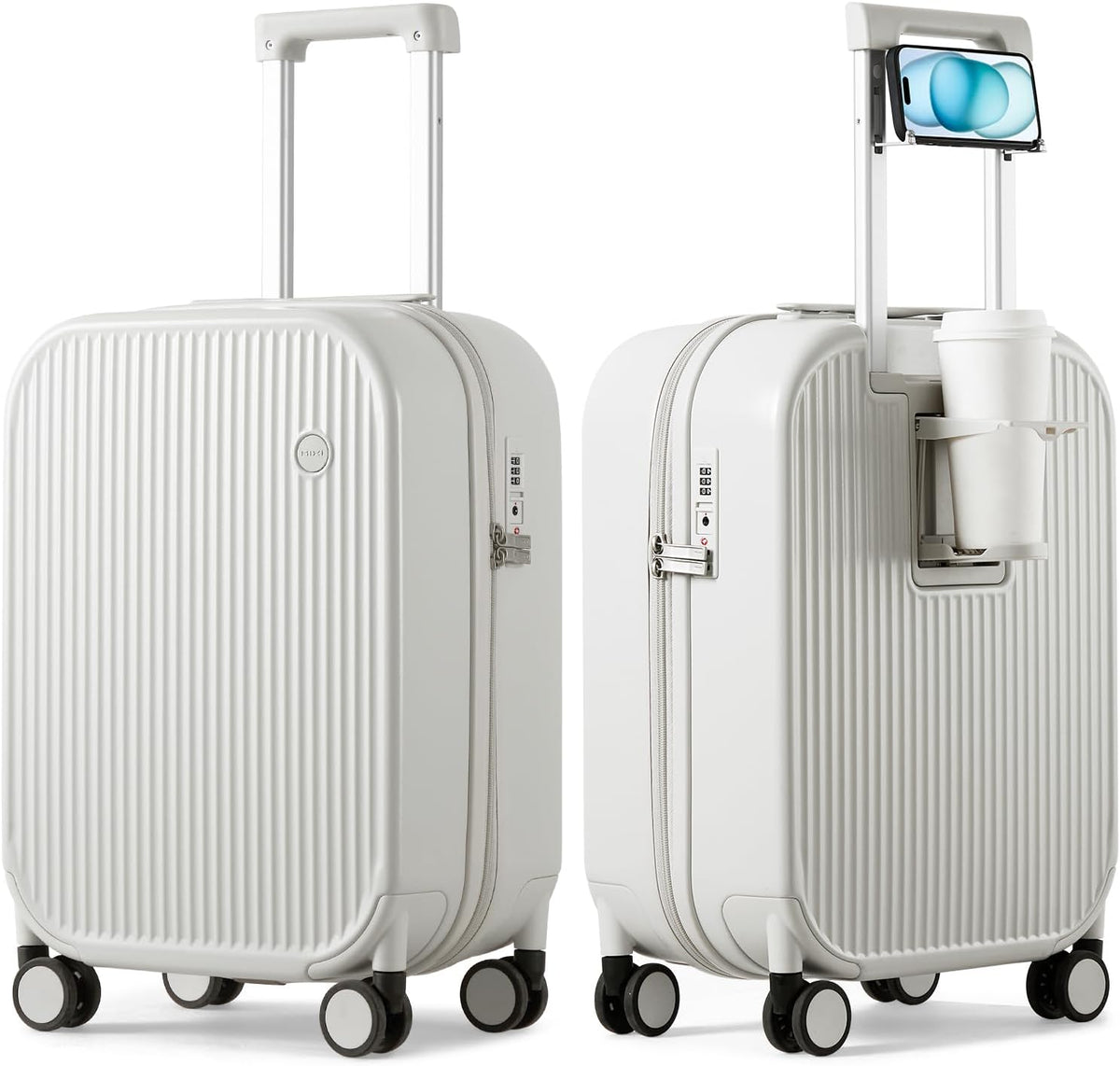 Carry On Luggage with Cup Phone Holder Hard Shell Rolling Travel Suitcase with Spinner Wheels,20 Inch Smoke White