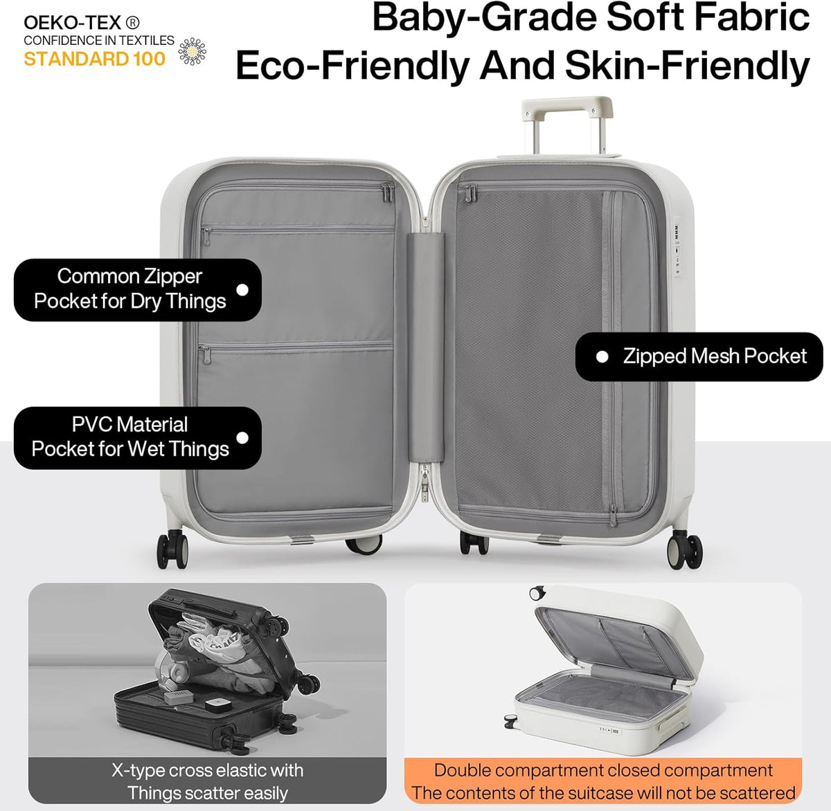 Carry On Luggage with Cup Phone Holder Hard Shell Rolling Travel Suitcase with Spinner Wheels,20 Inch Smoke White