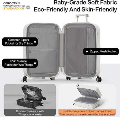 Carry On Luggage with Cup Phone Holder Hard Shell Rolling Travel Suitcase with Spinner Wheels,20 Inch Smoke White