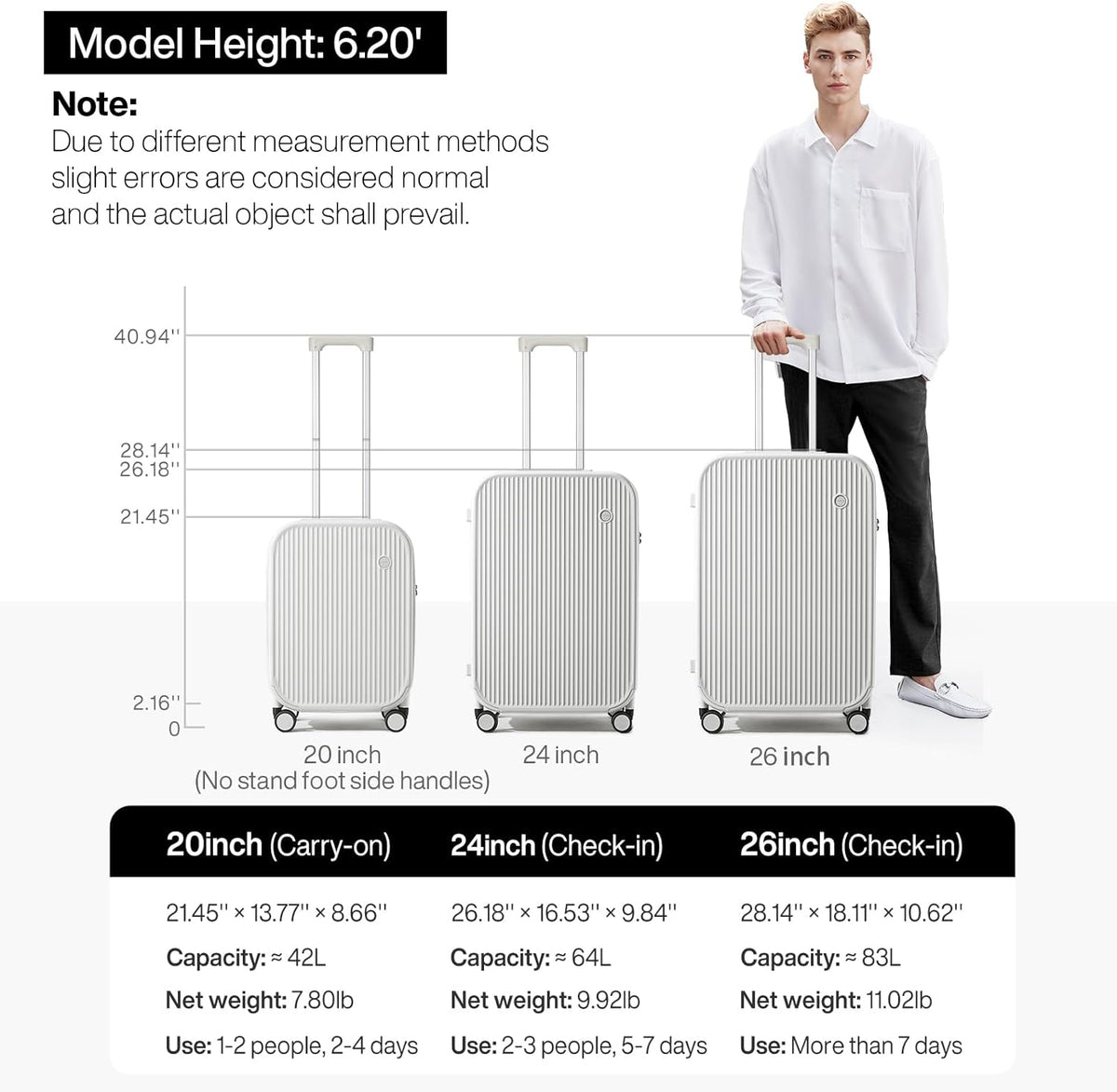 Carry On Luggage with Cup Phone Holder Hard Shell Rolling Travel Suitcase with Spinner Wheels,20 Inch Smoke White