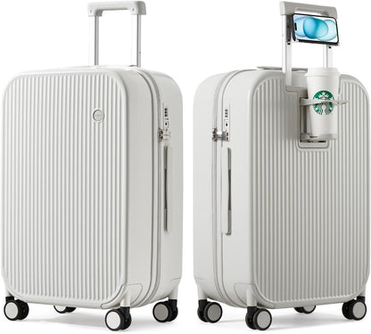 Carry On Luggage with Cup Phone Holder Hard Shell Rolling Travel Suitcase with Spinner Wheels,20 Inch Smoke White