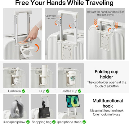 Carry On Luggage with Cup Phone Holder Hard Shell Rolling Travel Suitcase with Spinner Wheels,20 Inch Smoke White