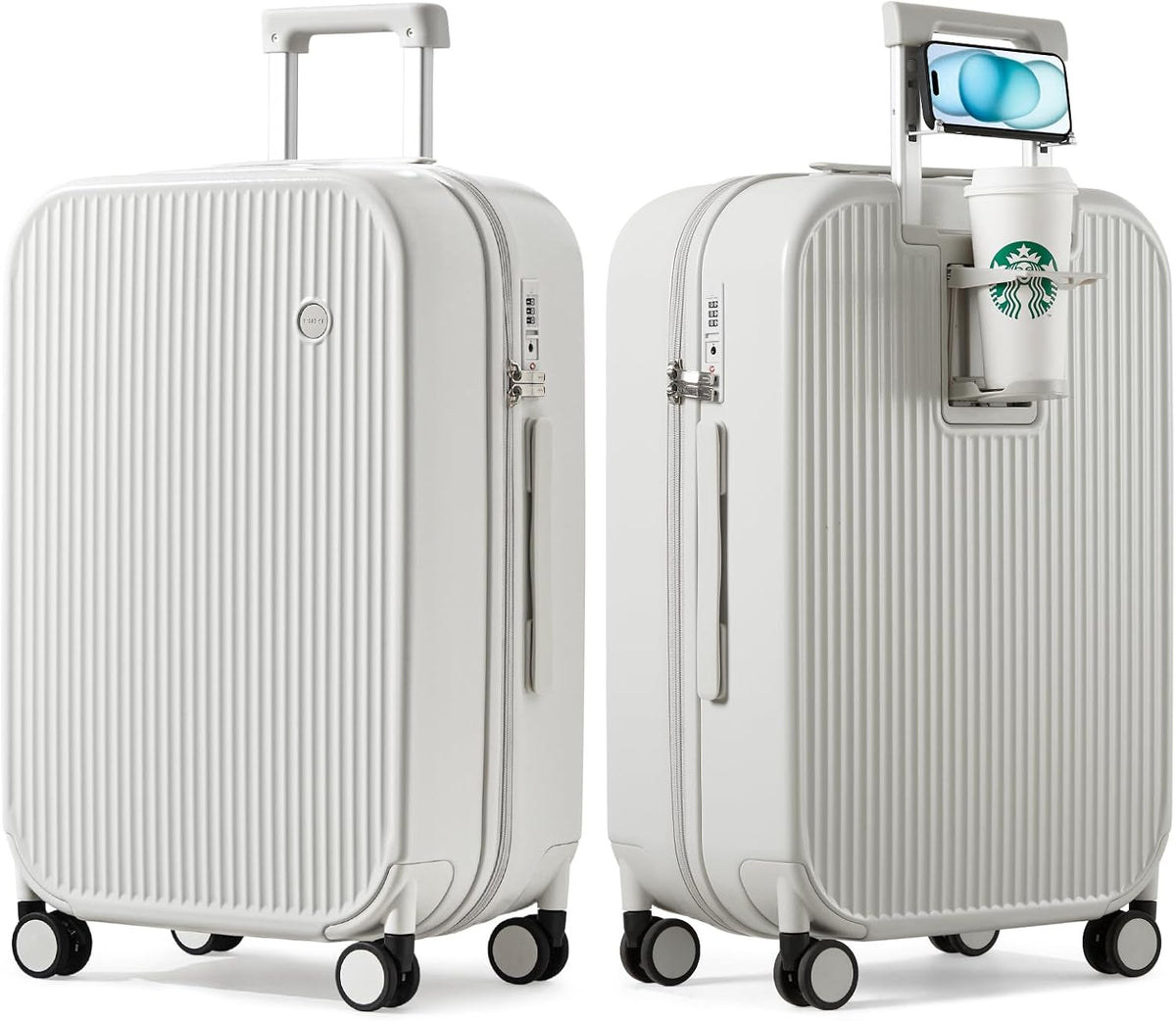 Carry On Luggage with Cup Phone Holder Hard Shell Rolling Travel Suitcase with Spinner Wheels,20 Inch Smoke White