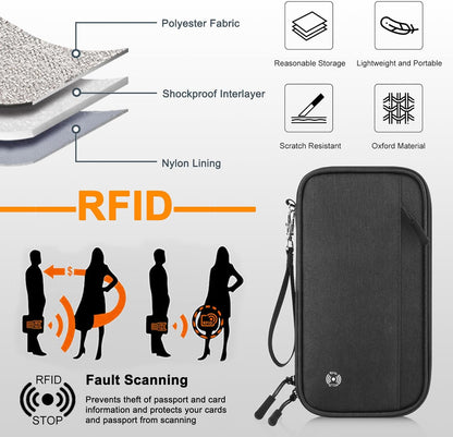 Passport Holder Family, RFID Blocking Travel Wallet Women Men, Travel Document Organizer Premium Wallets Passport Holders Bag, Lightweight Zipper Credit Cards Case Cover for Travel, (Black-Medium)