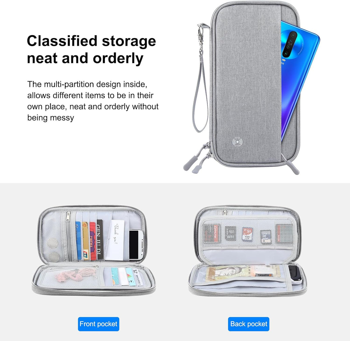 Passport Holder Family, RFID Blocking Travel Wallet Women Men, Travel Document Organizer Premium Wallets Passport Holders Bag, Lightweight Zipper Credit Cards Case Cover for Travel, (Black-Medium)