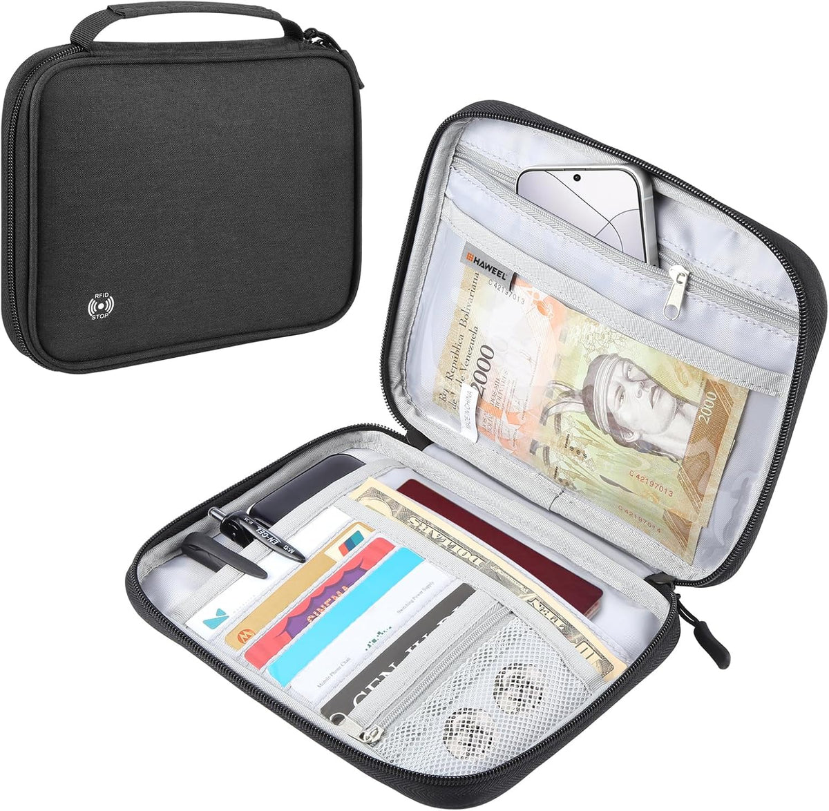 Passport Holder Family, RFID Blocking Travel Wallet Women Men, Travel Document Organizer Premium Wallets Passport Holders Bag, Lightweight Zipper Credit Cards Case Cover for Travel, (Black-Medium)