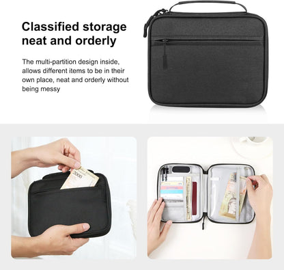 Passport Holder Family, RFID Blocking Travel Wallet Women Men, Travel Document Organizer Premium Wallets Passport Holders Bag, Lightweight Zipper Credit Cards Case Cover for Travel, (Black-Medium)