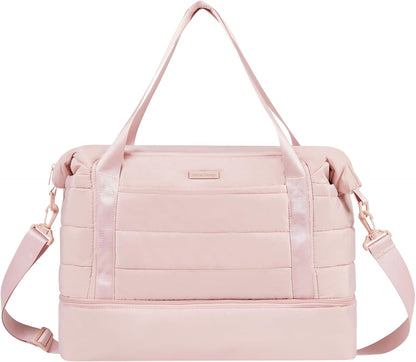 Double-layer Weekender Bags for Women, Personal Item Duffle Bag with Shoes Compartment, Large Capacity Travel Bag, Overnight Luggage Bag with Pocket, Pink