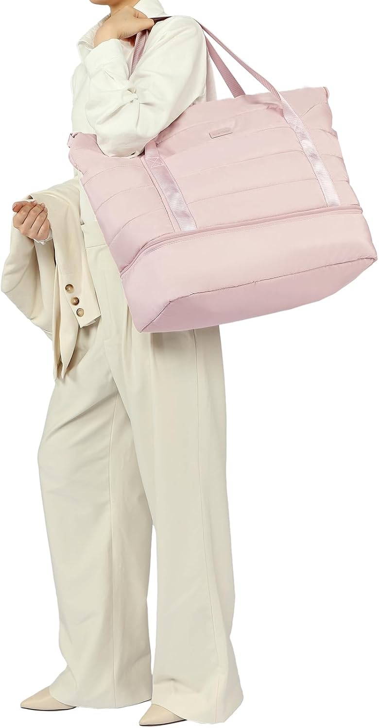 Double-layer Weekender Bags for Women, Personal Item Duffle Bag with Shoes Compartment, Large Capacity Travel Bag, Overnight Luggage Bag with Pocket, Pink